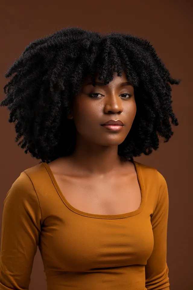 Modelo com peruca afro de volume extra e franja